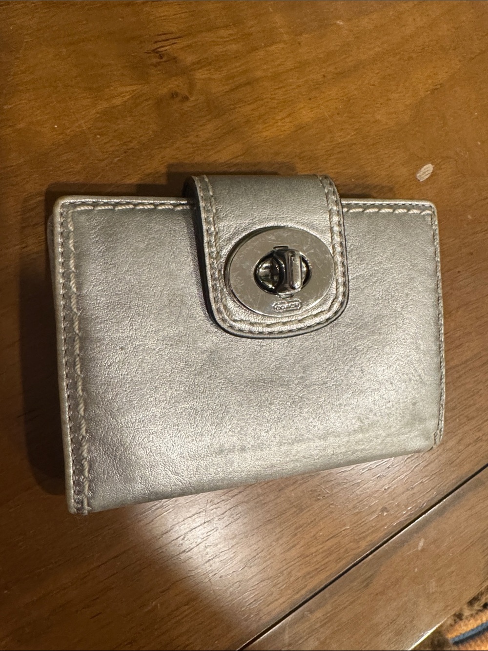 Coach Metallic Silver Leather Small Wallet with Turnlock